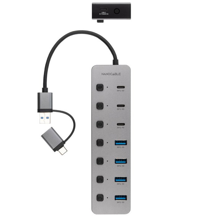 Nanocable Hub USB 3.0 con Conector Intercambiable, 4xUSB-A + 3xUSB-C + USB-C PD, Gris